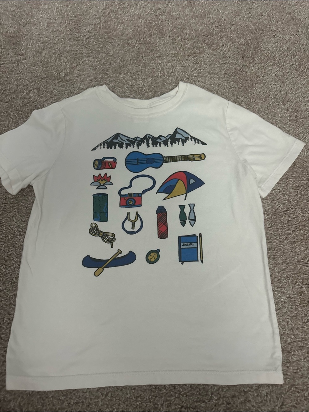 Kids White Graphic Camping Icons T‑Shirt
